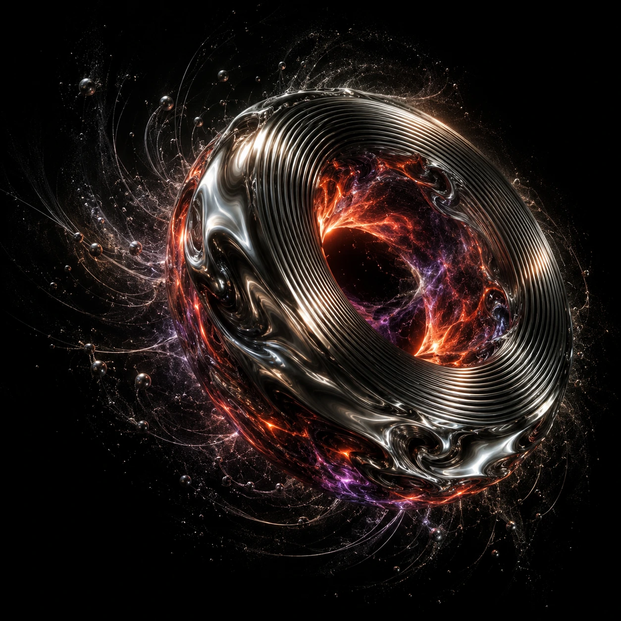 An original chrome sonic portal with fire and violet cosmic energy